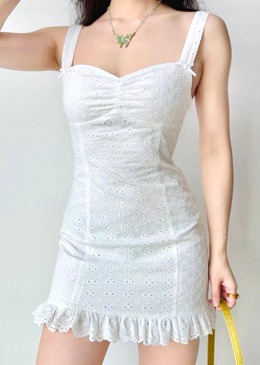 Sweet Eyelet Scallop Hem Mini Dress