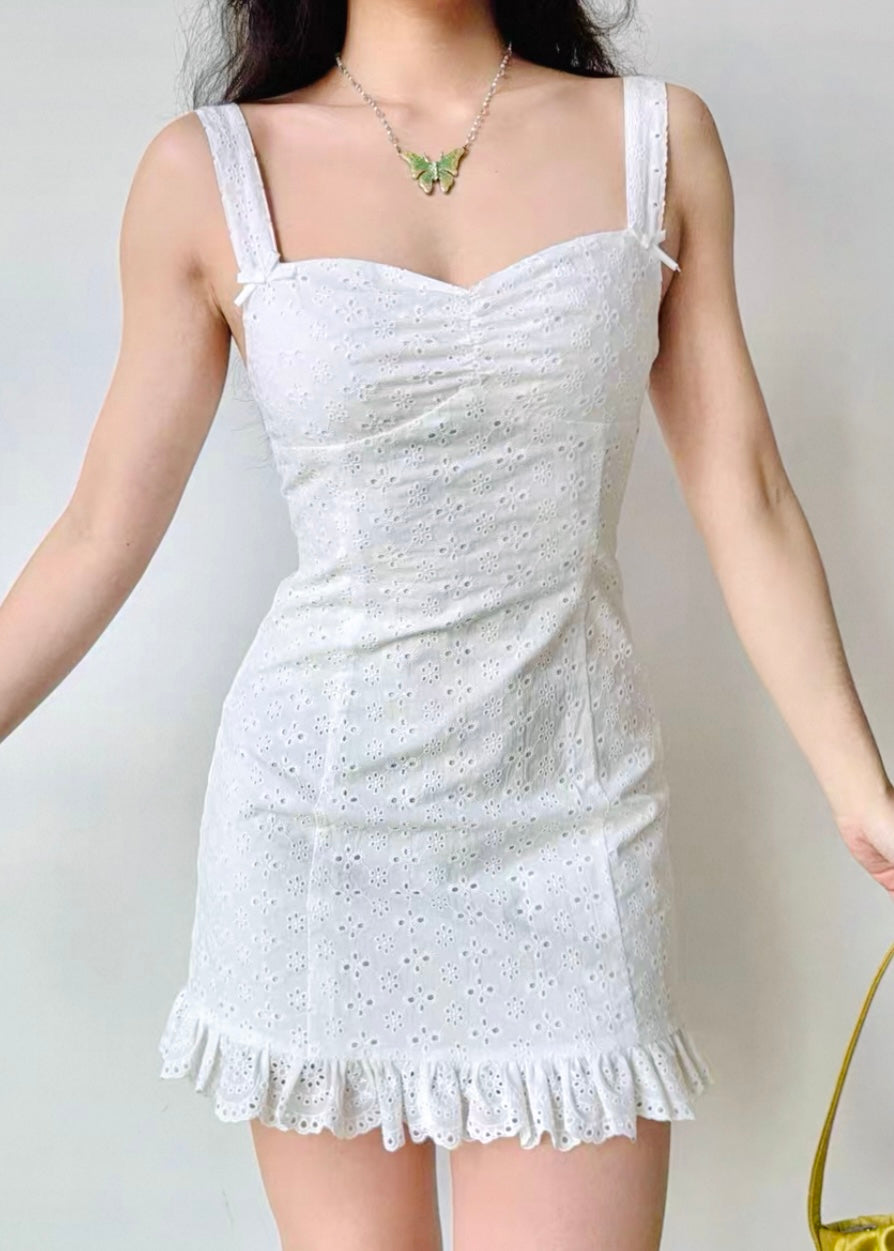 Sweet Eyelet Scallop Hem Mini Dress