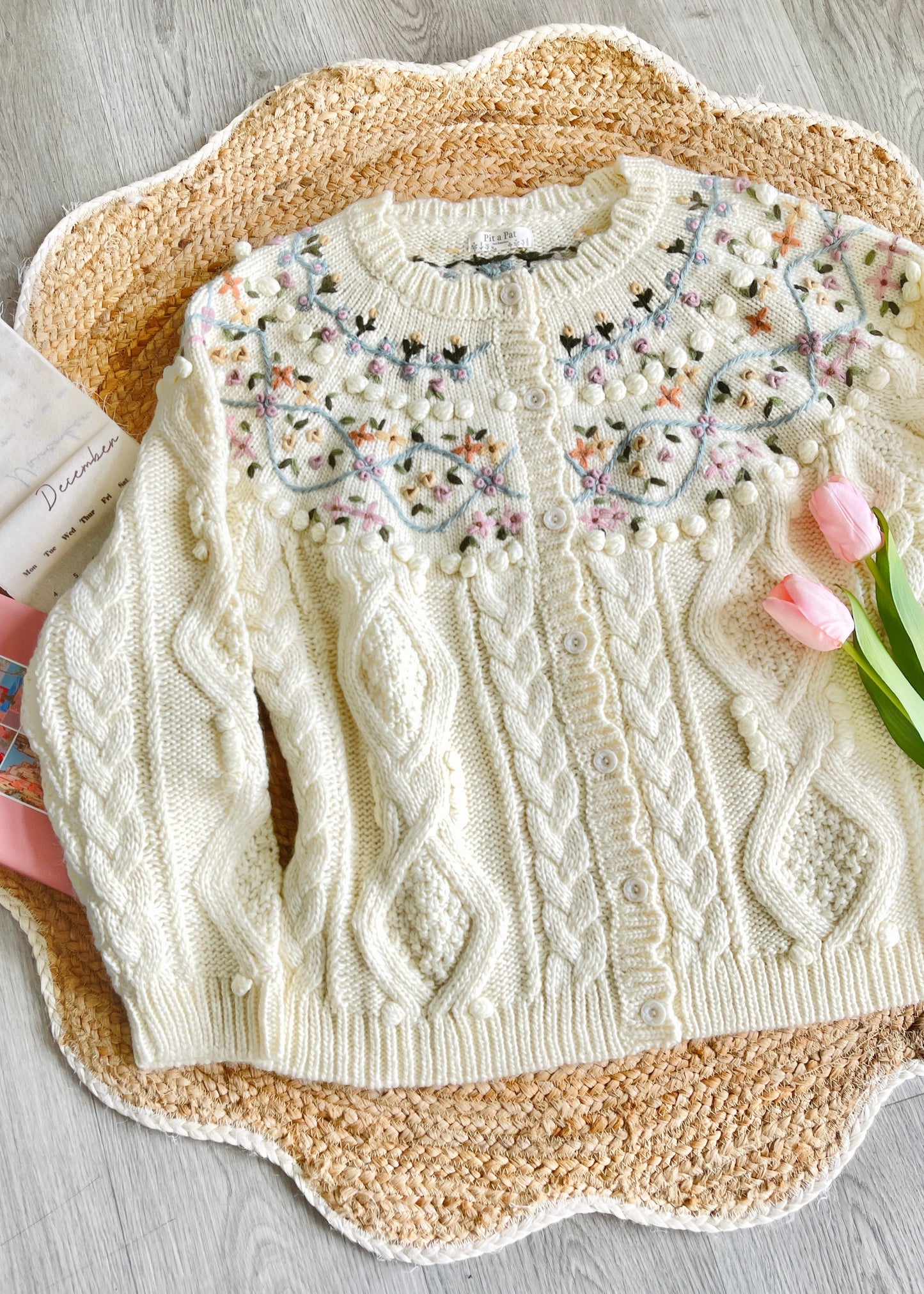 Wishes Come True Wool Cable Knit Cardigan with Crochet Flowers