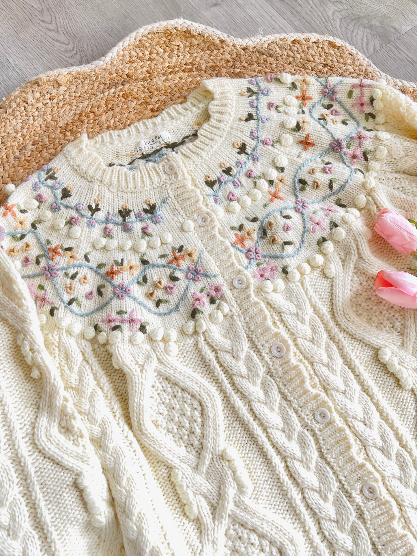 Wishes Come True Wool Cable Knit Cardigan with Crochet Flowers
