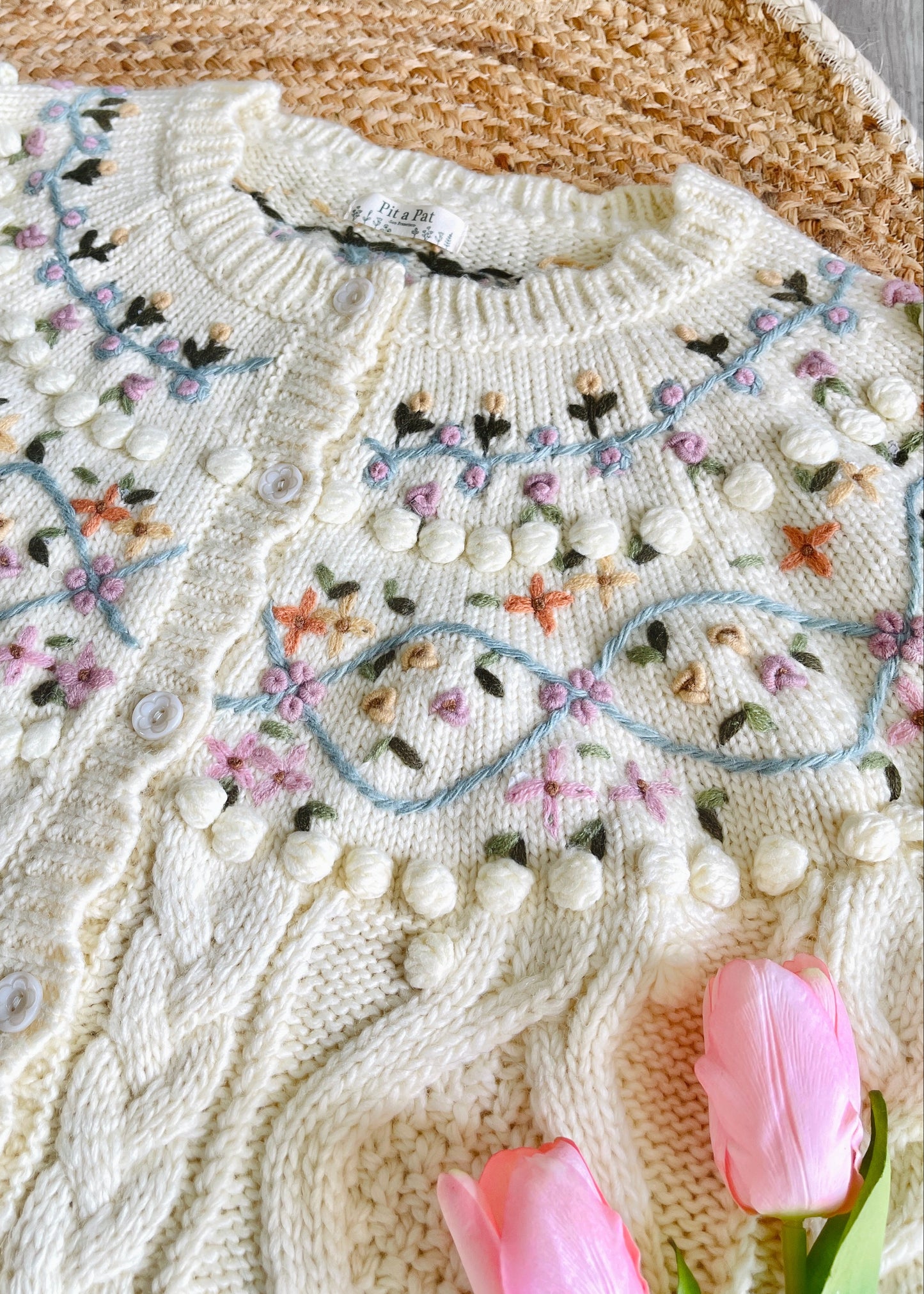 Wishes Come True Wool Cable Knit Cardigan with Crochet Flowers