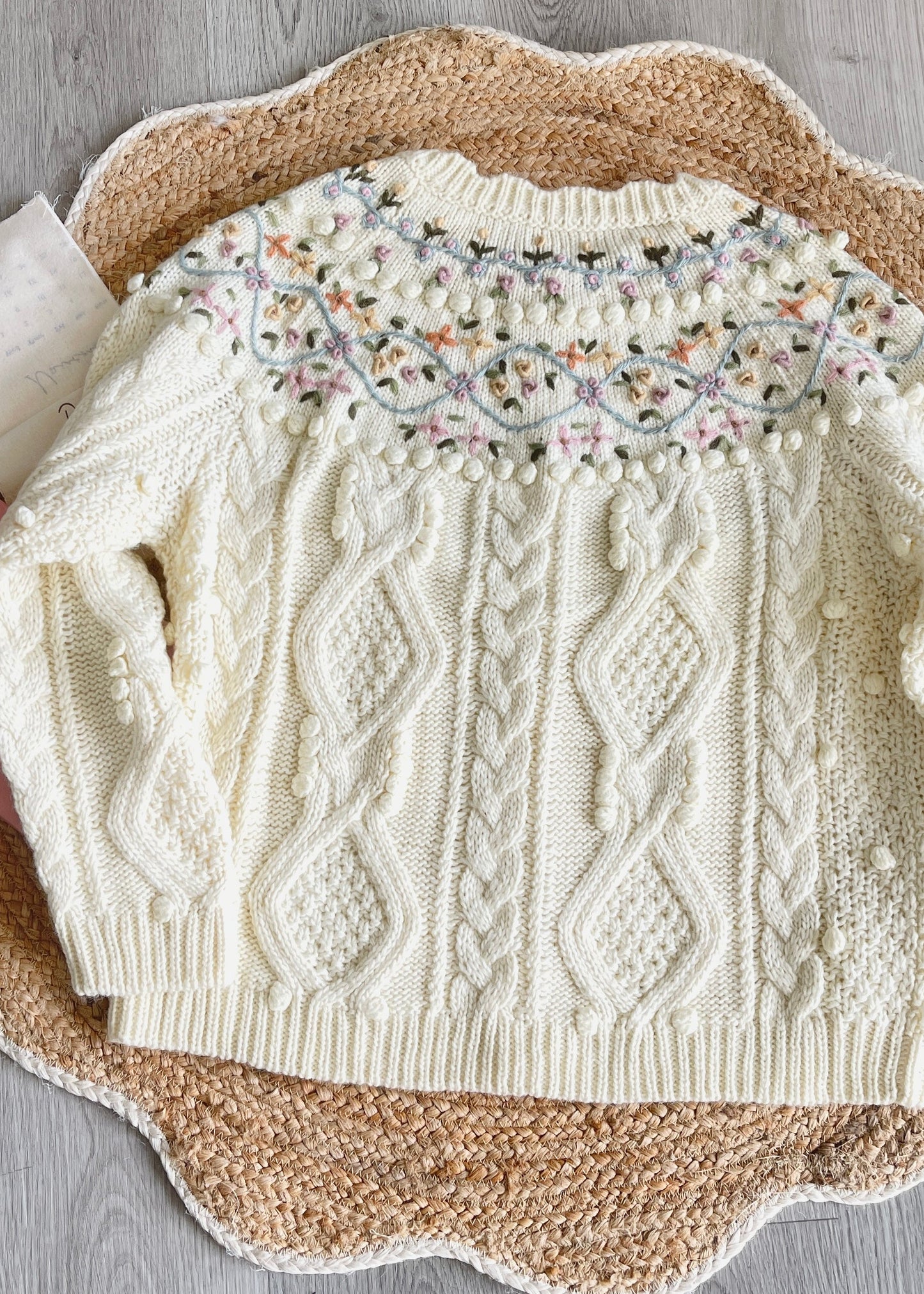 Wishes Come True Wool Cable Knit Cardigan with Crochet Flowers