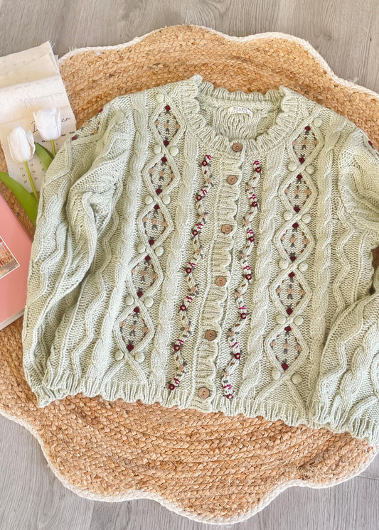 Forest Green Cable Knit Cardigan with Crochet Flowers