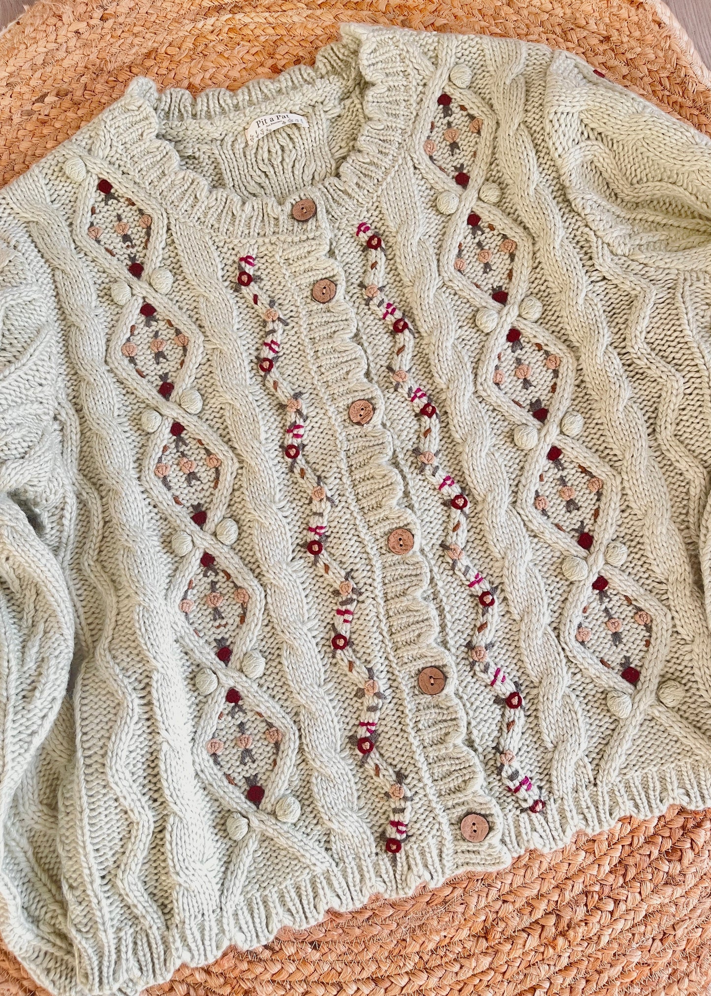 Forest Green Cable Knit Cardigan with Crochet Flowers