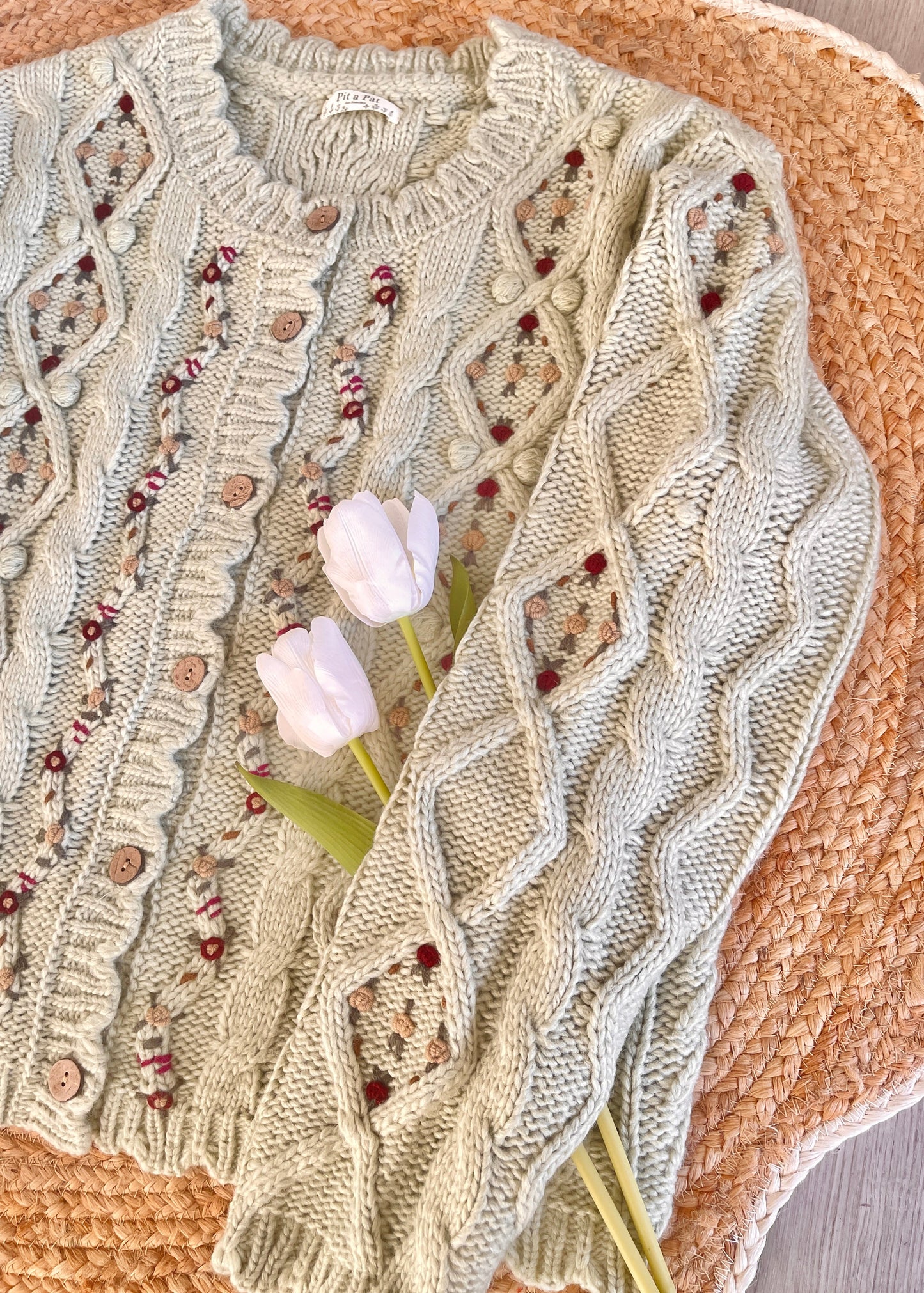 Forest Green Cable Knit Cardigan with Crochet Flowers