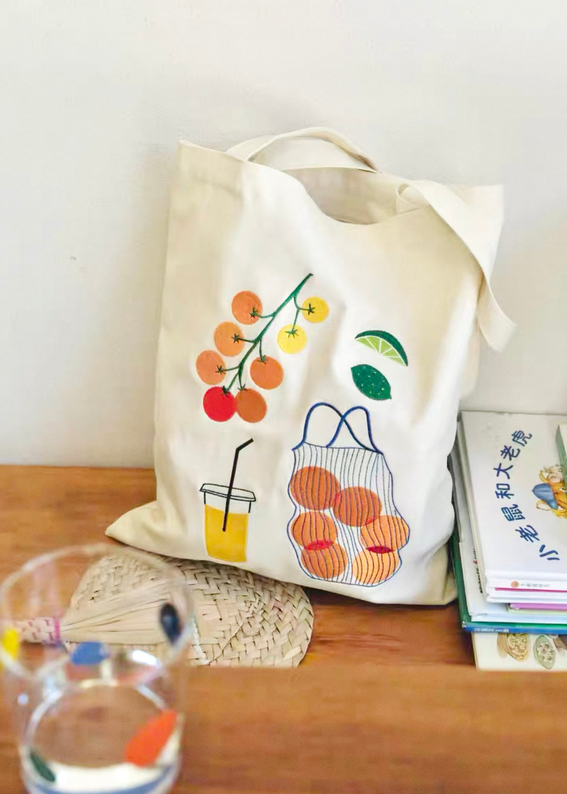 Embroidered Fruit Canvas Tote Bag
