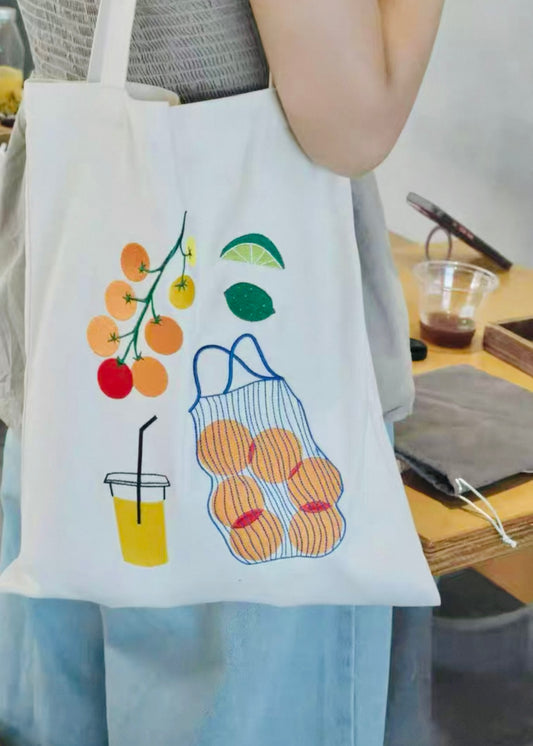 Embroidered Fruit Canvas Tote Bag