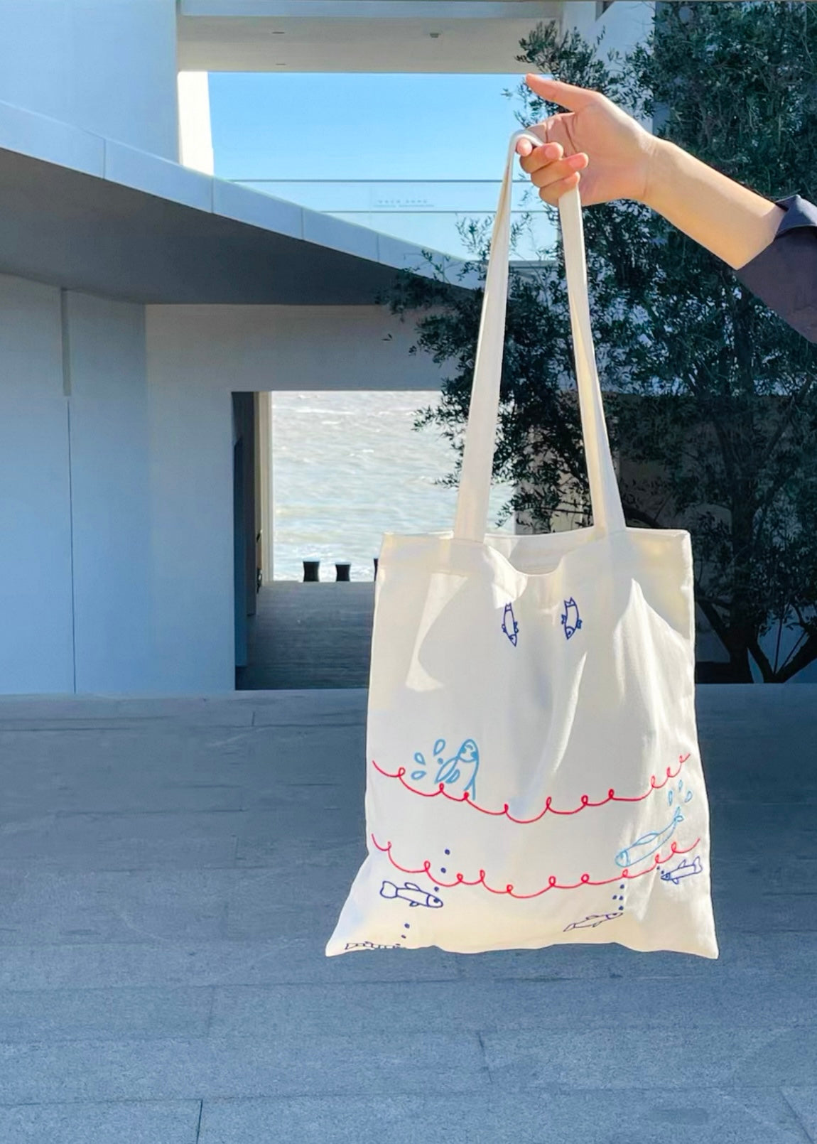 Blue Ocean Embroidered Canvas Tote Bag