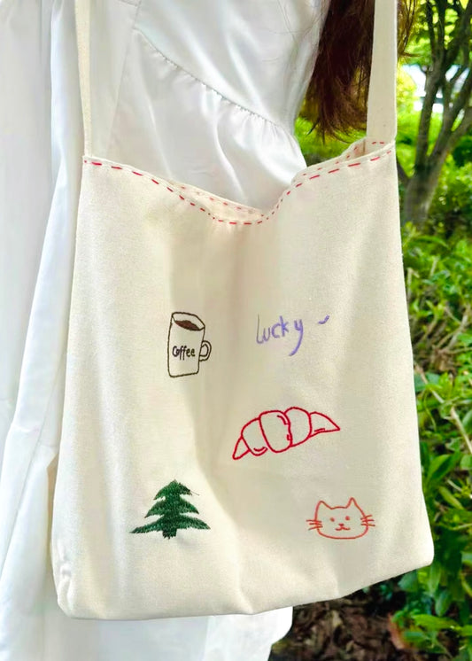 Cozy Morning Embroidered Canvas Tote Bag – Coffee, Croissant & Kitty