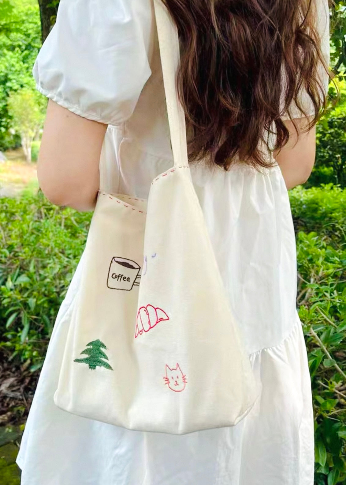 Cozy Morning Embroidered Canvas Tote Bag – Coffee, Croissant & Kitty