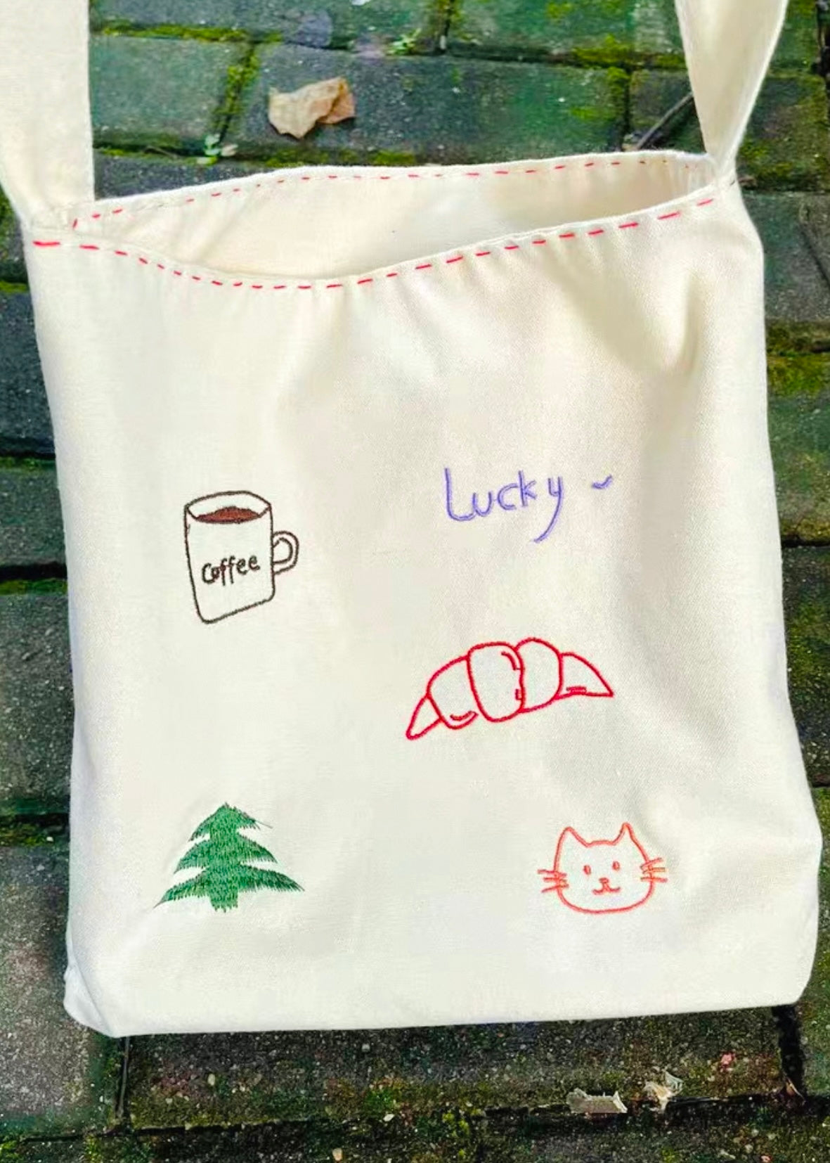 Cozy Morning Embroidered Canvas Tote Bag – Coffee, Croissant & Kitty