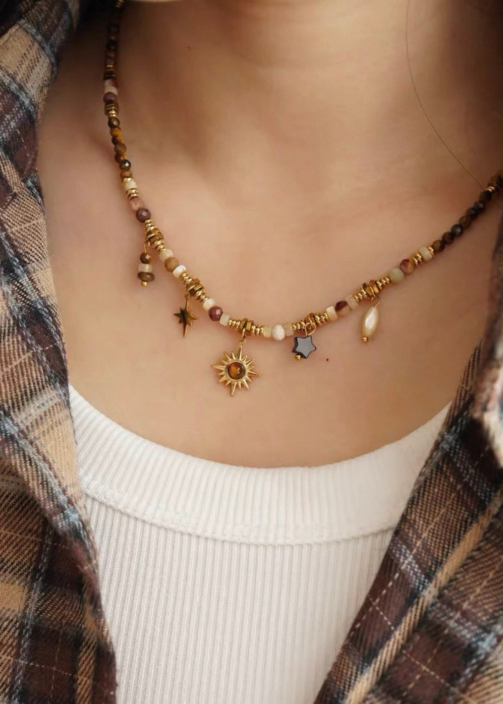 Celestial Beaded Necklace with Five Small Pendants