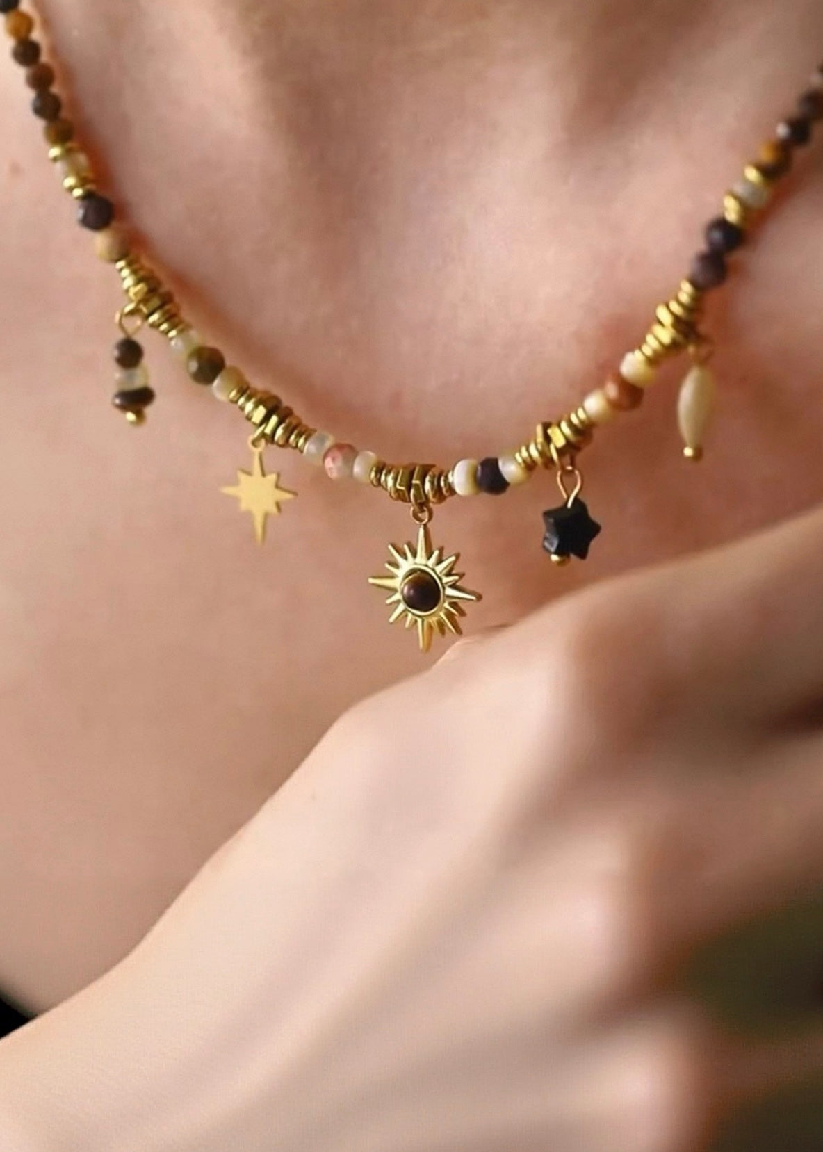 Celestial Beaded Necklace with Five Small Pendants