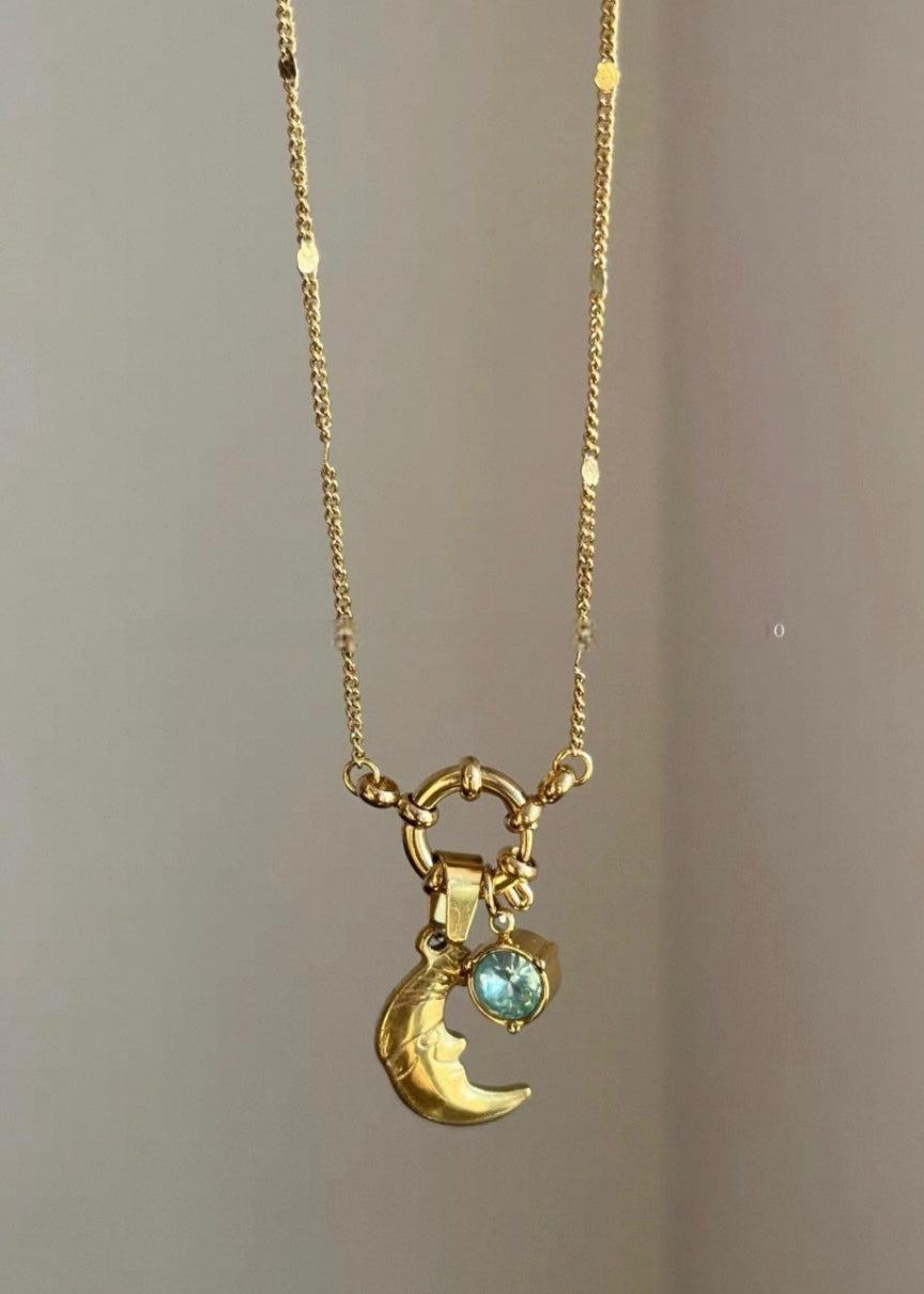Moon Pendant Necklace with Blue Gem Accent