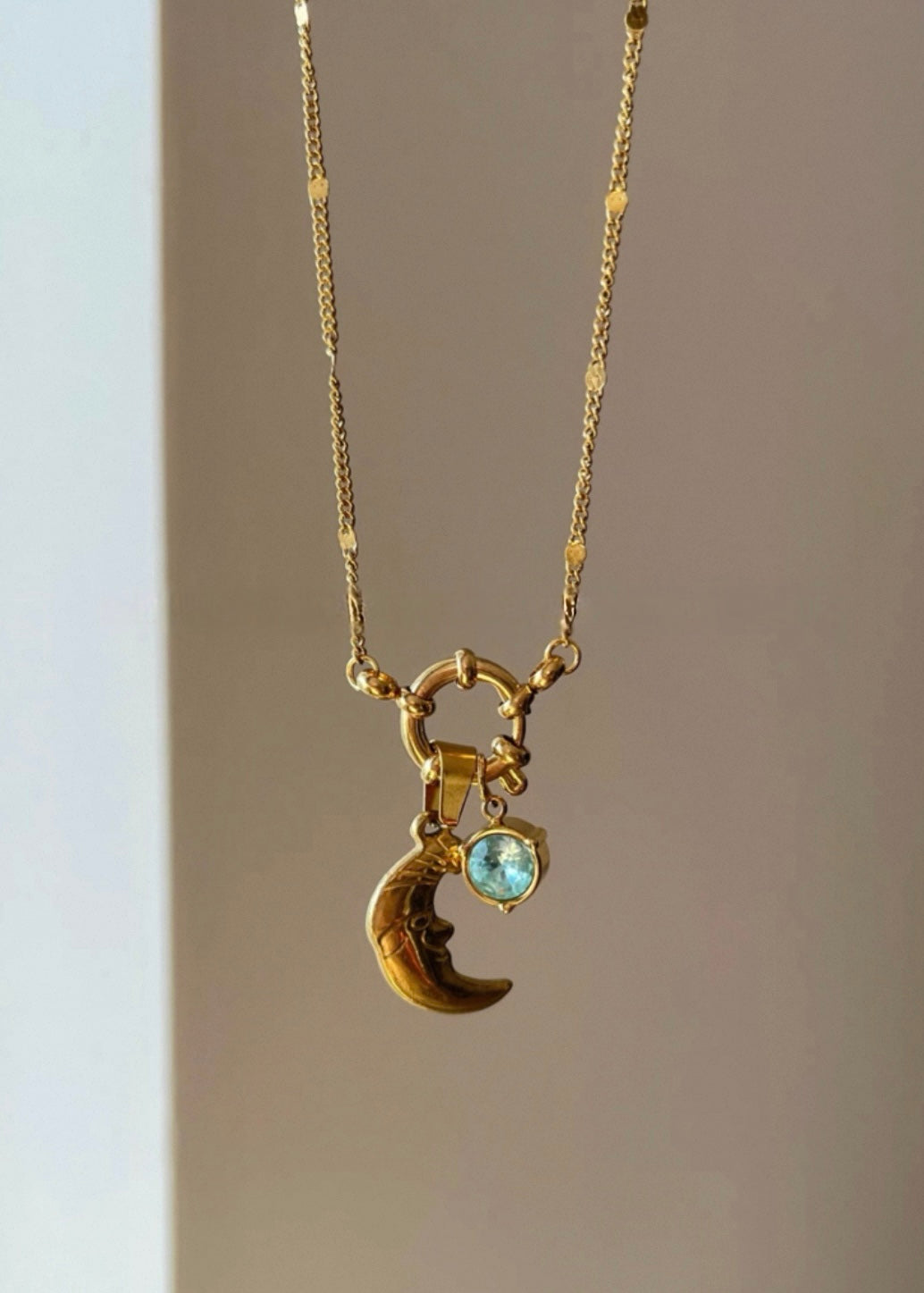 Moon Pendant Necklace with Blue Gem Accent