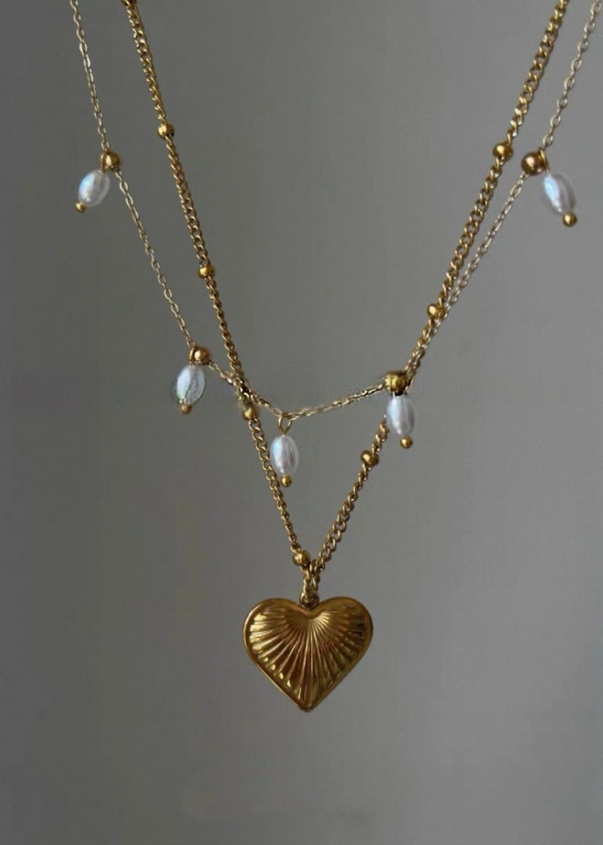 Pearl Drop & Heart Pendant Layered Necklace Set