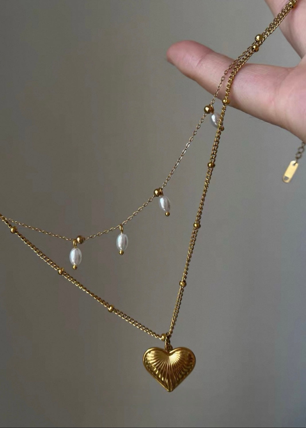 Pearl Drop & Heart Pendant Layered Necklace Set