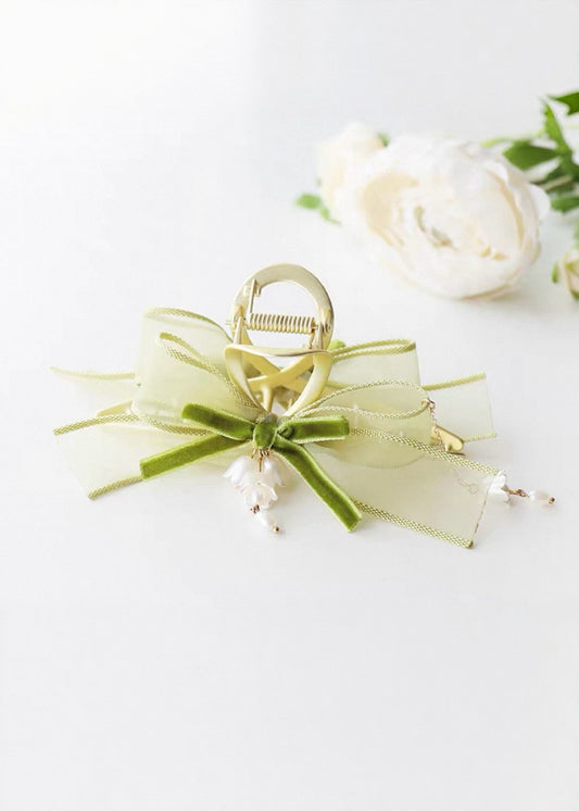Faircore Hair Claw Clip with Ribbon and Pearl