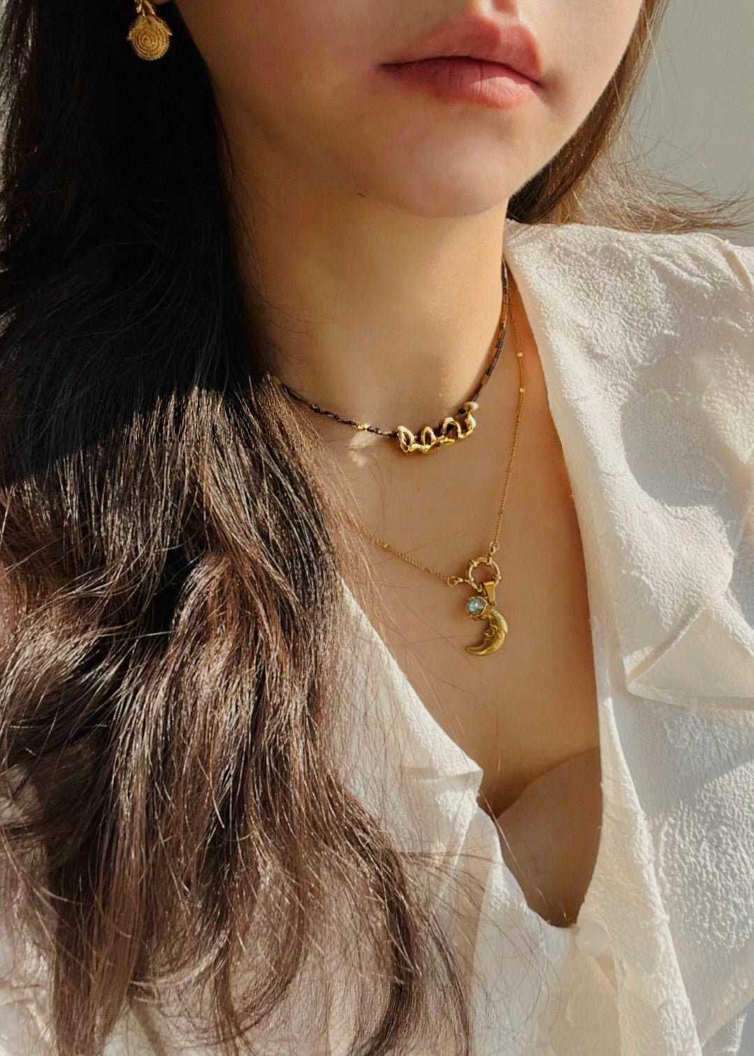 Moon Pendant Necklace with Blue Gem Accent