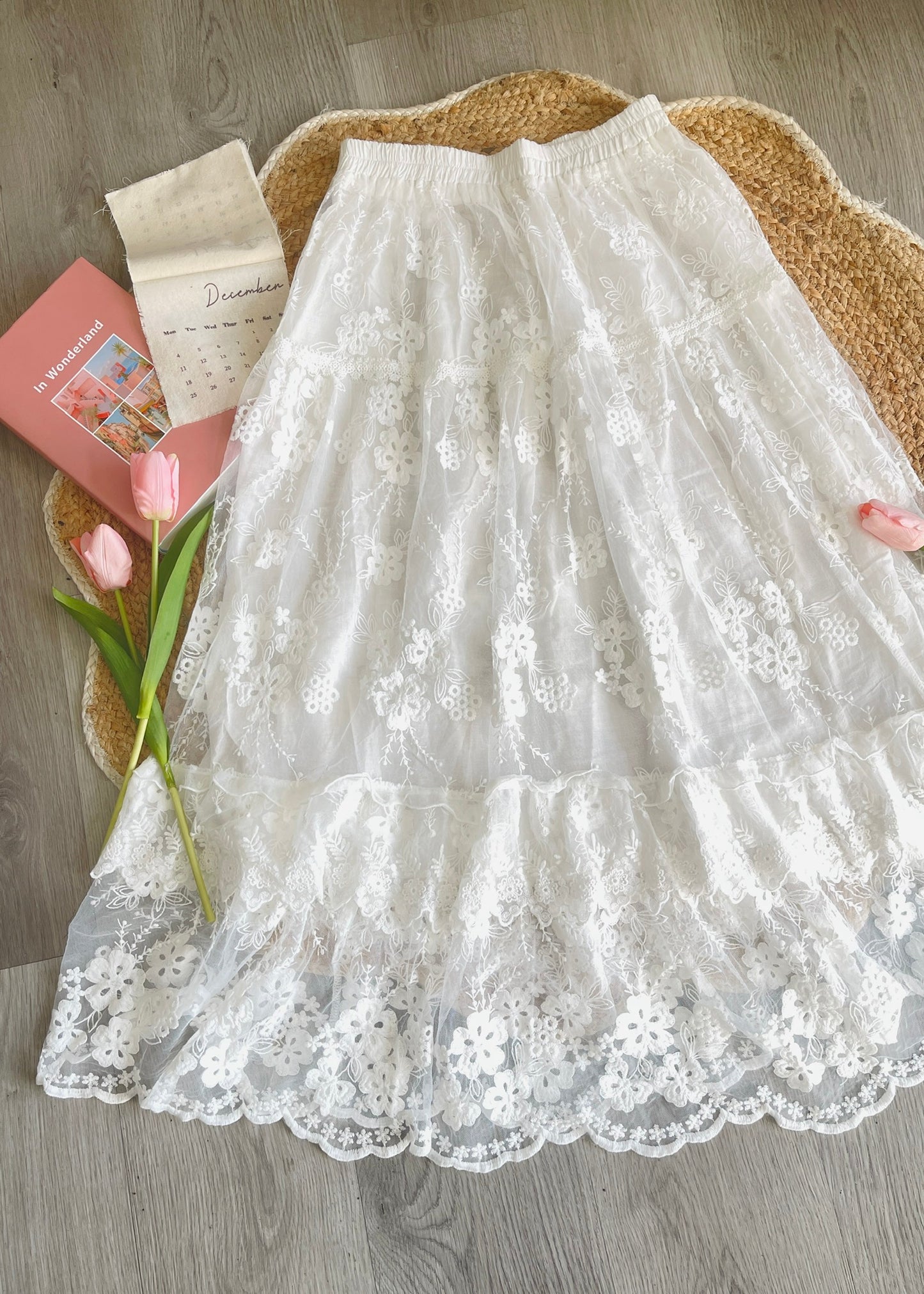 Fairycore White Lace Floral Embroidery Scallop Hem Maxi Skirt
