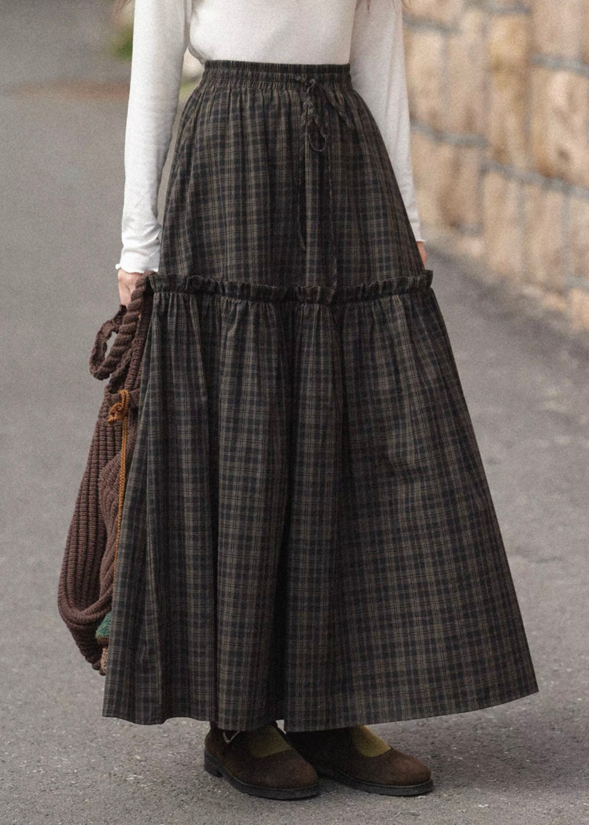 Vintage Brown Plaid Maxi Skirt