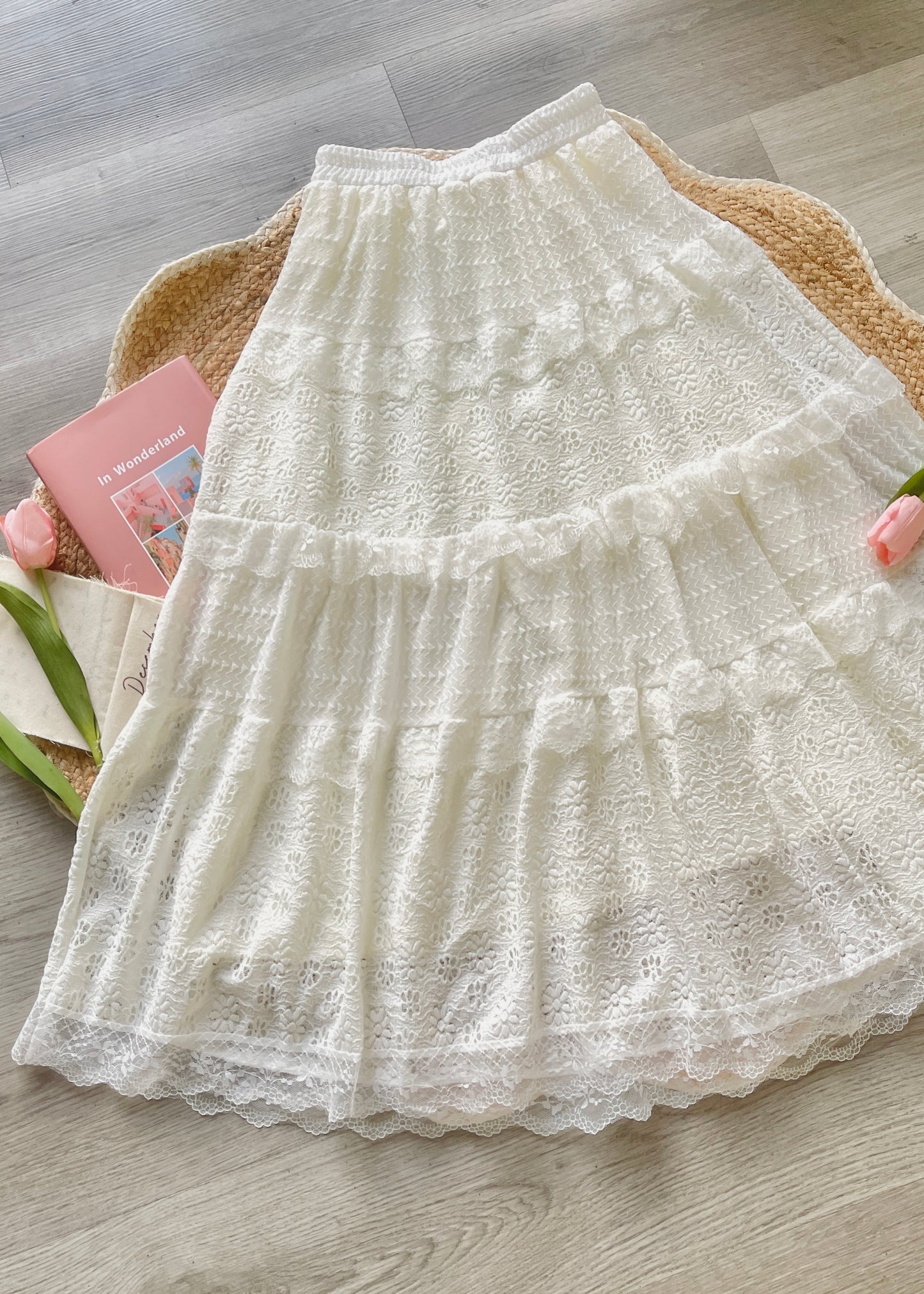 Fairycore Cream Lace Floral Maxi Skirt