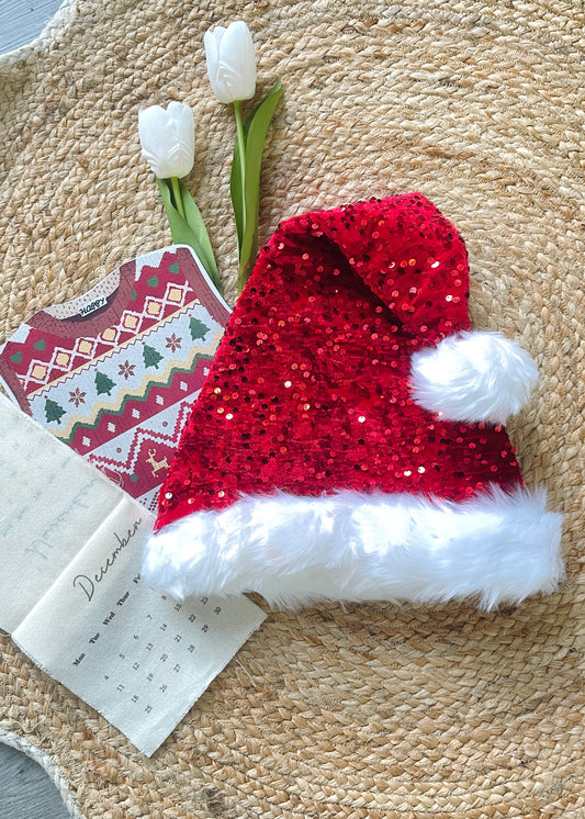 Sequin Christmas Santa Hat – Classic Red Holiday Hat for Adults