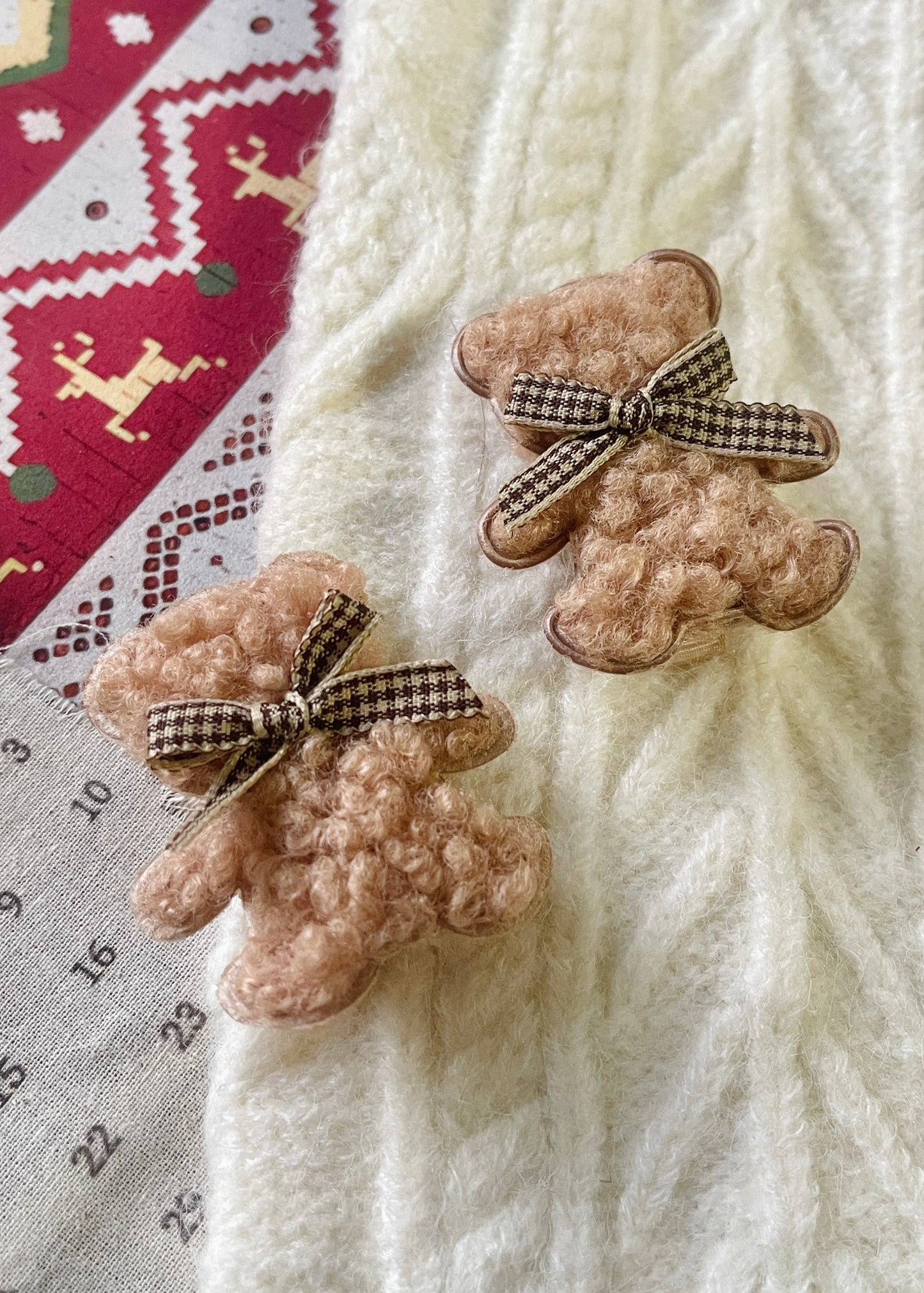 Brown Sheepa Texture Bear Hair Clips – Cute Fuzzy Bear Clips with Mini Bow Tie
