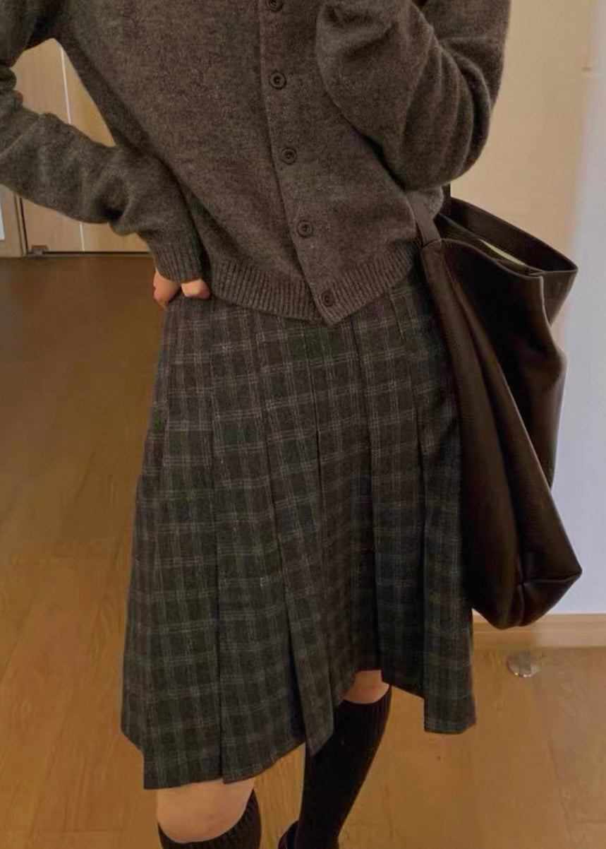 Woolen Plaid Mid-Length Skirt