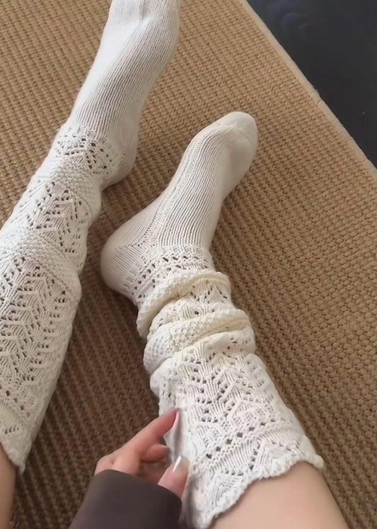 Cream Knit Pointelle Tall Socks – Cozy Winter Leg Warmers, One Size