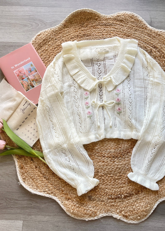 Women’s Cream Ruffle Crochet Tulip Knit Cardigan