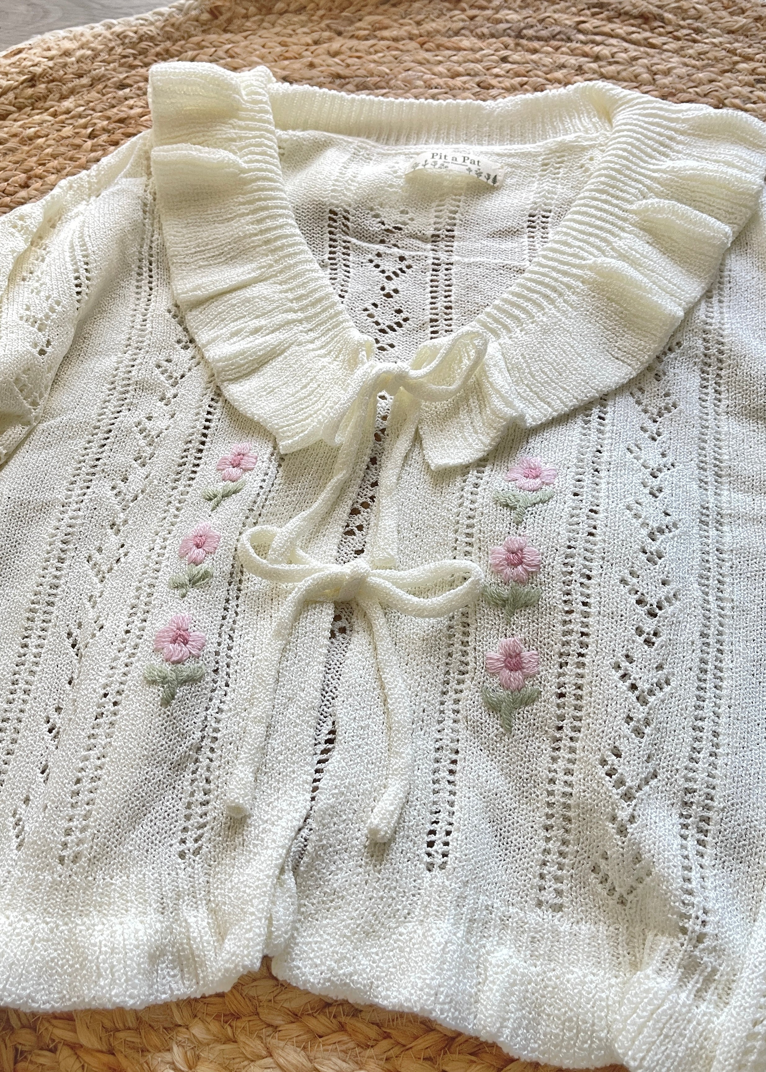 Women's Cream Ruffle Tulip Crochet Knit Cardigan | Cottagecore Bow