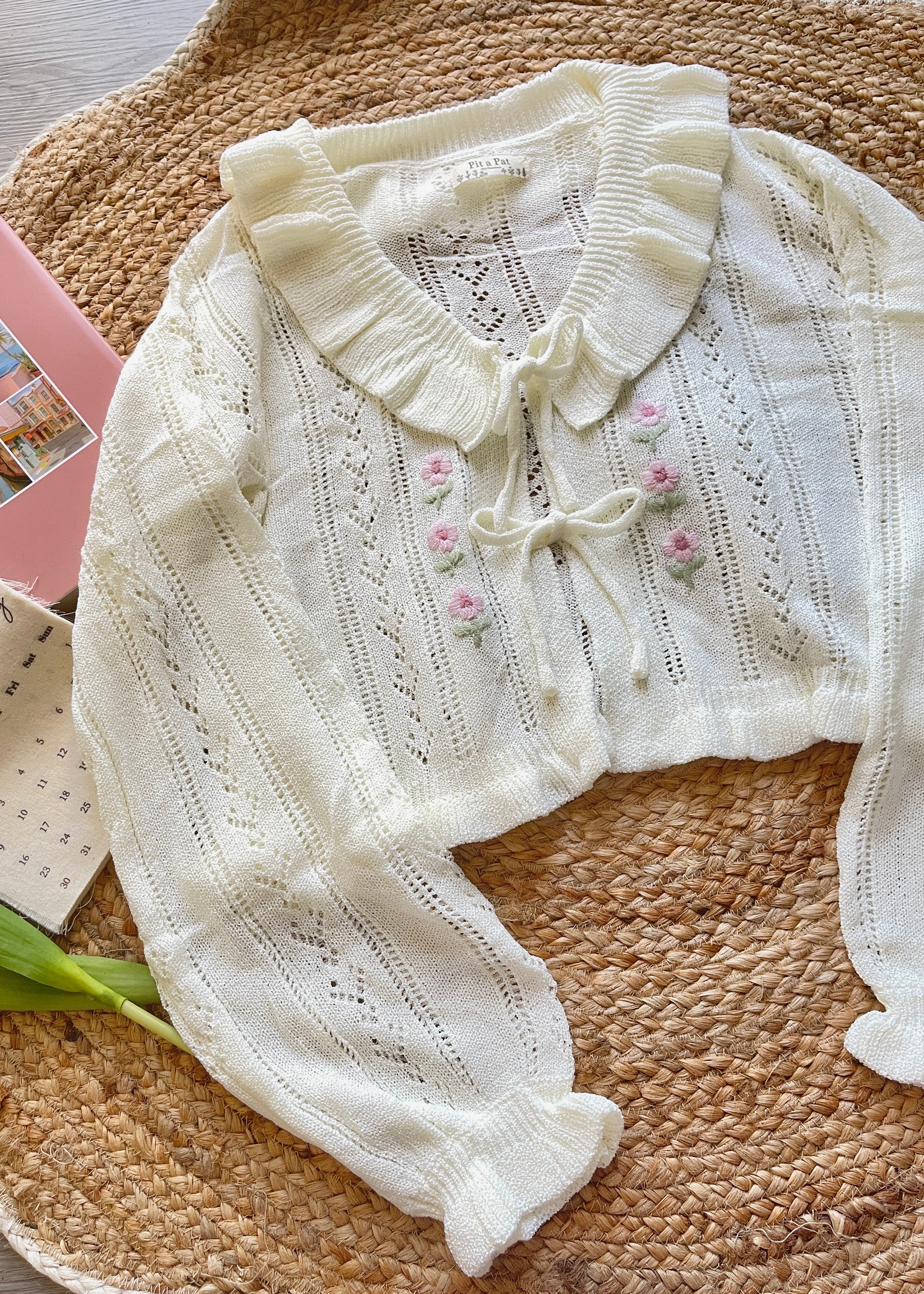 Women's Cream Ruffle Tulip Crochet Knit Cardigan | Cottagecore Bow
