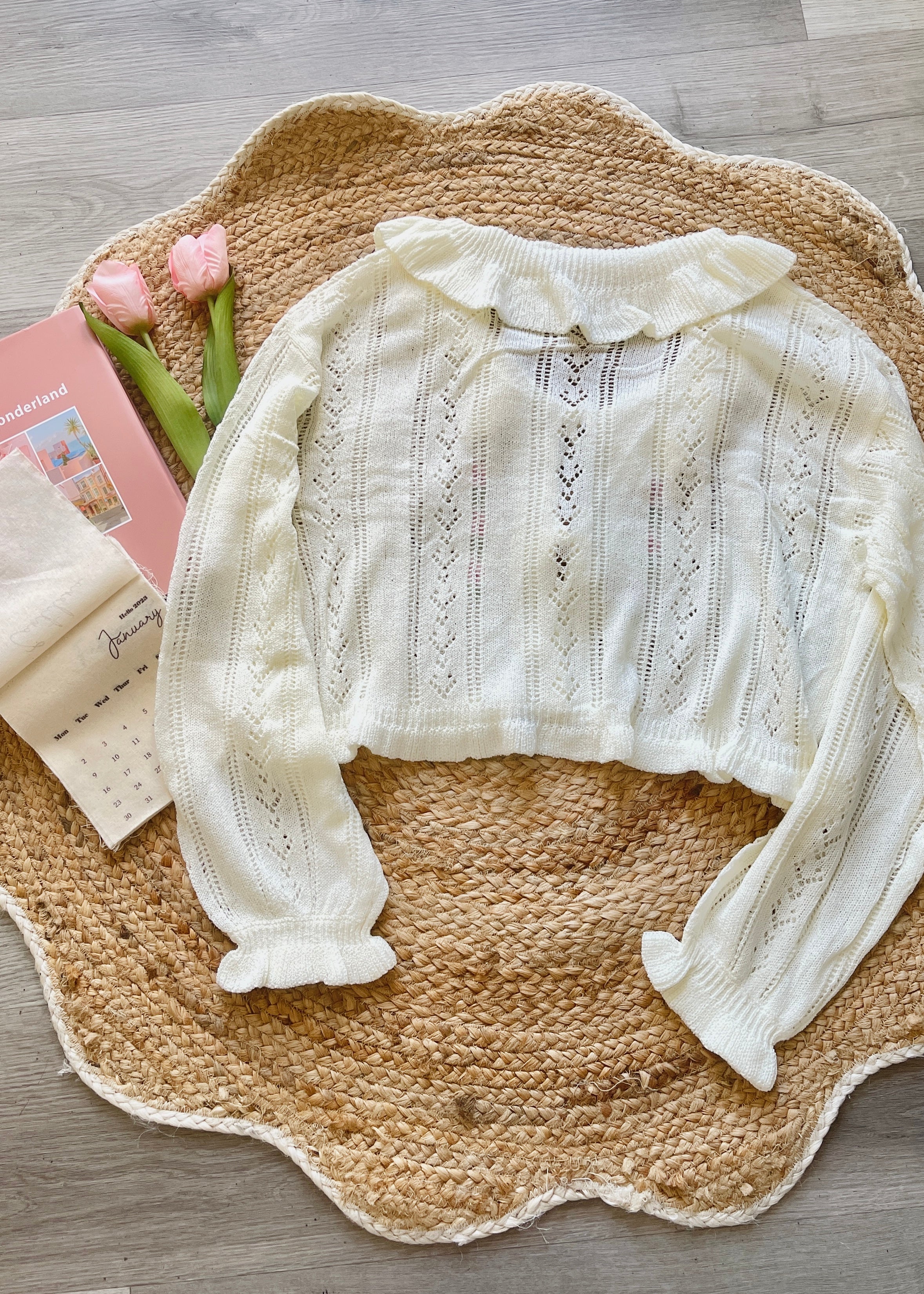 Women's Cream Ruffle Tulip Crochet Knit Cardigan | Cottagecore Bow