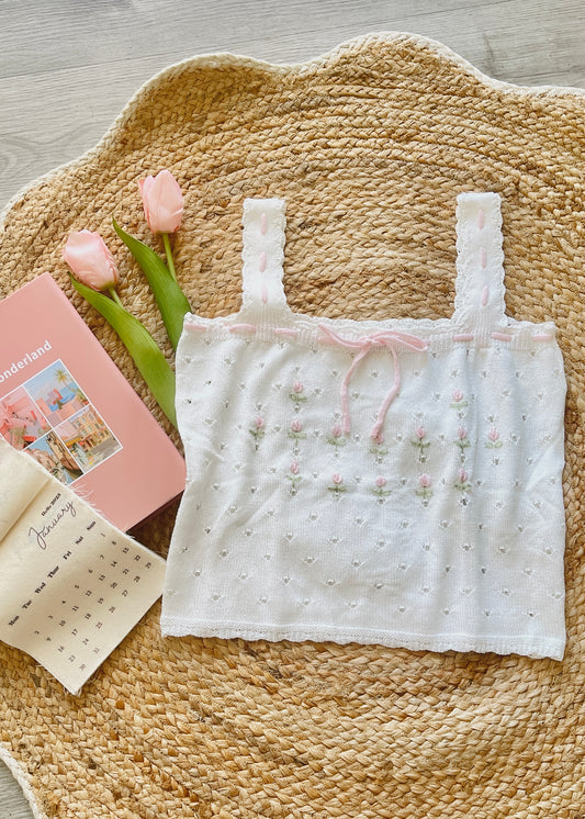 Women’s White Knit Cami with Floral Crochet