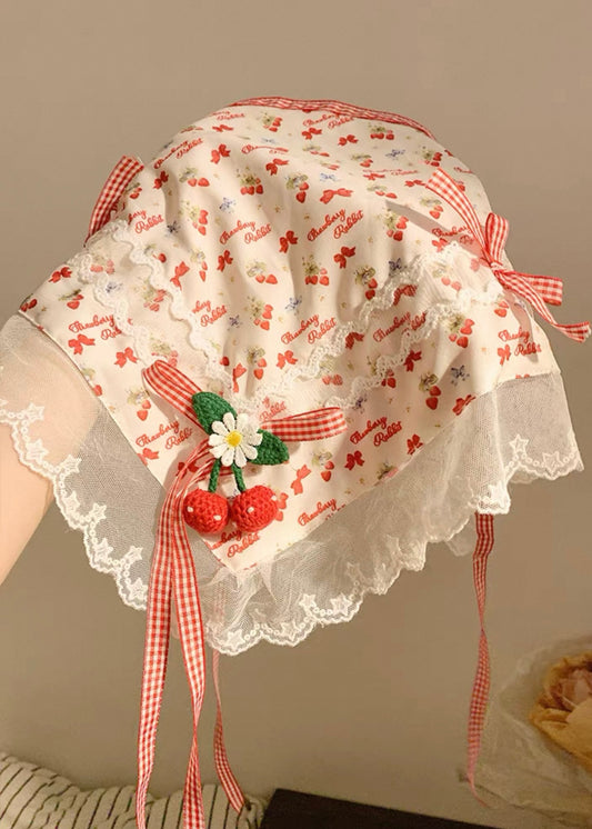 Cherry Crochet Headscarf with Lace Trim & Ribbon Bow – Vintage Hair Accessory
