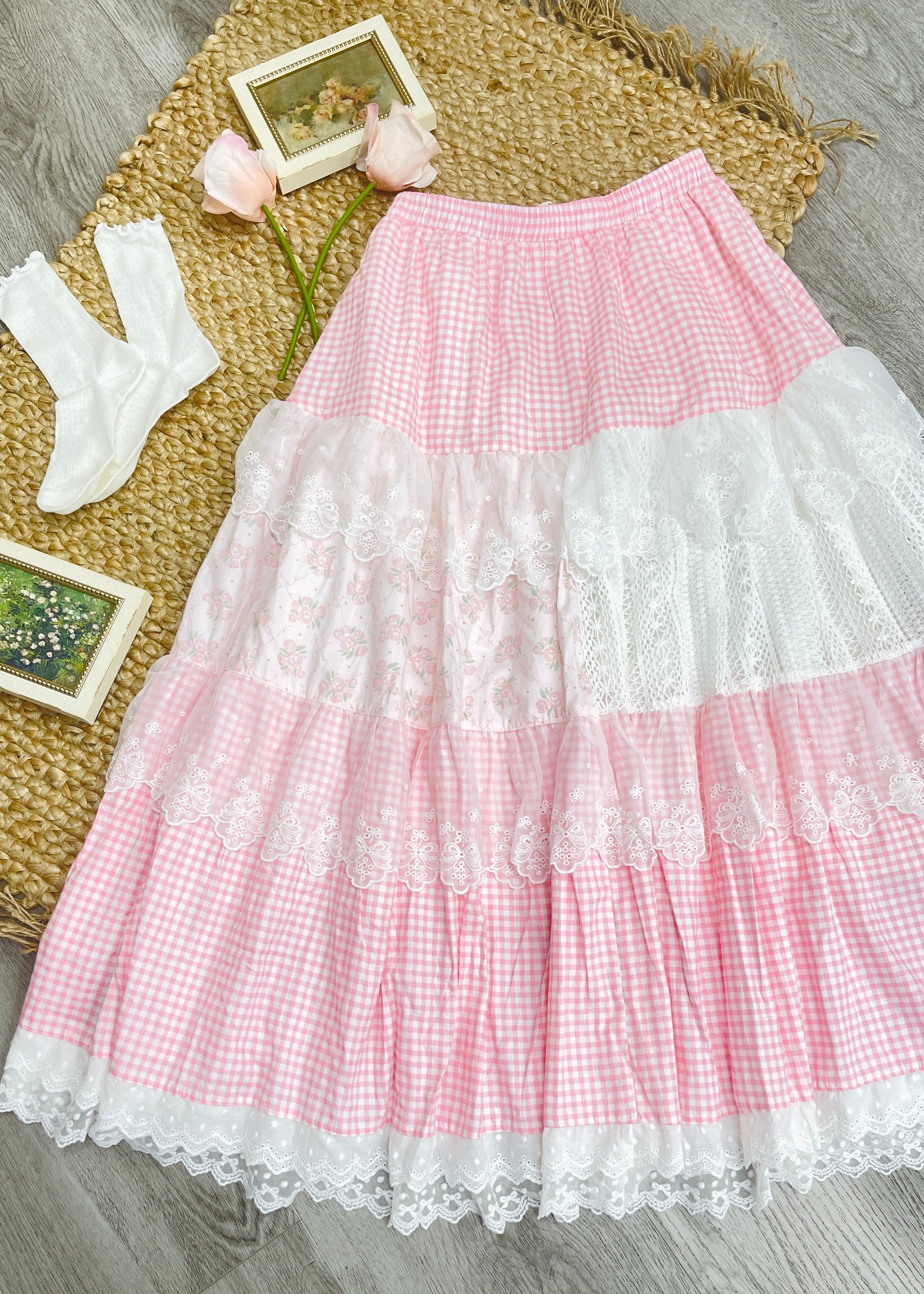 Pink Gingham Rosy Patchwork Lace Maxi Skirt | Cottagecore Tiered