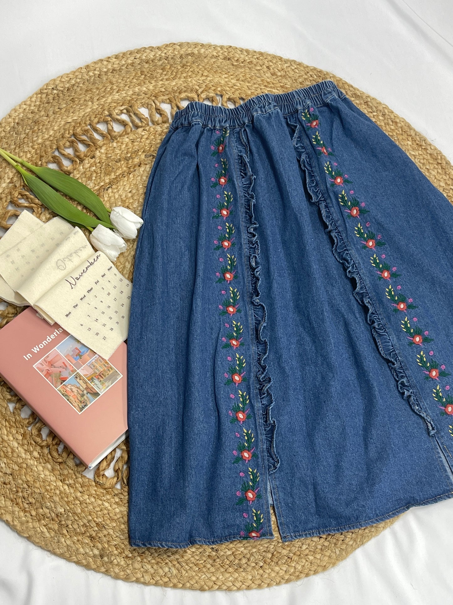 Embroidered Floral Denim Maxi Skirt