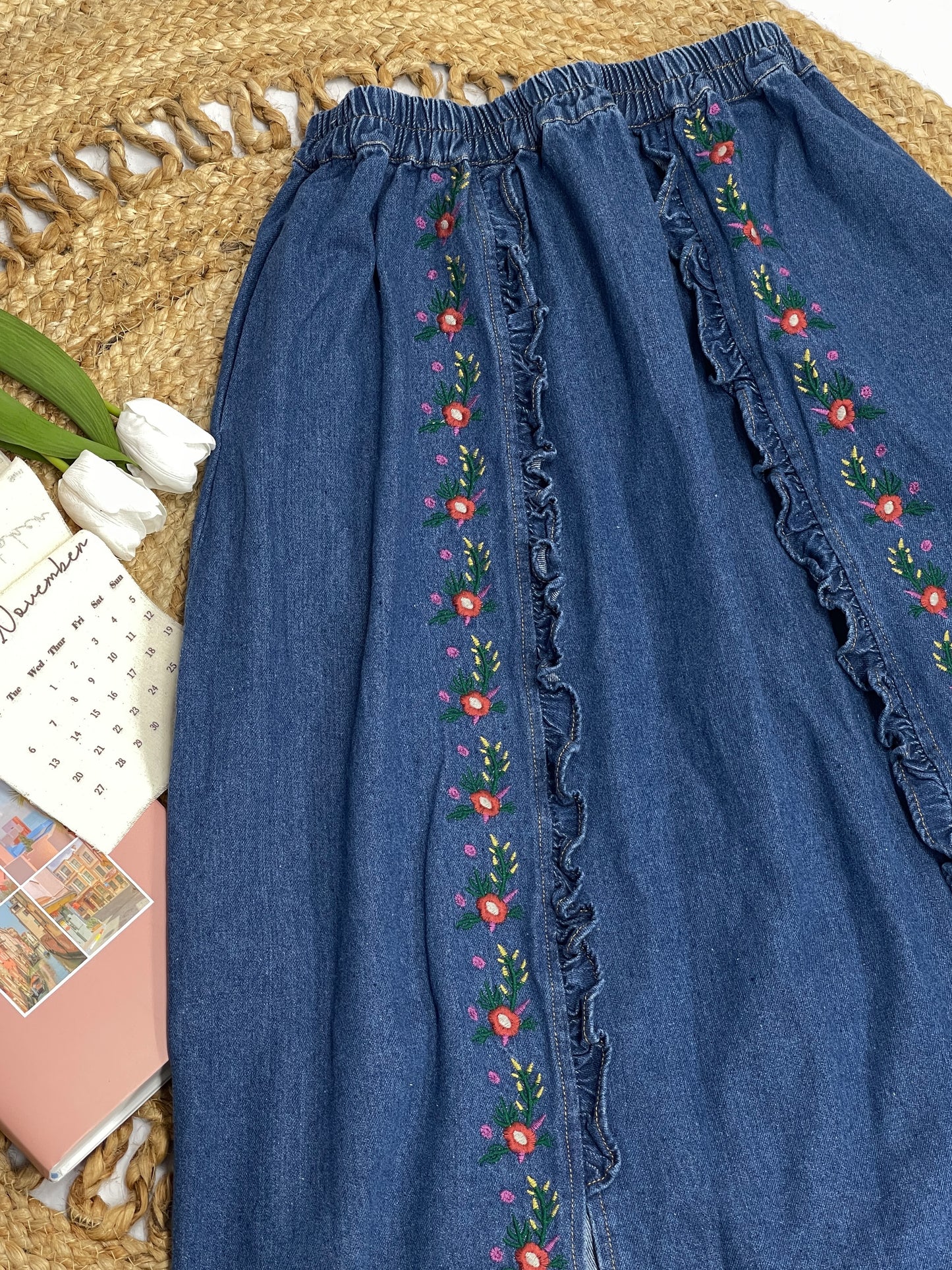 Embroidered Floral Denim Maxi Skirt