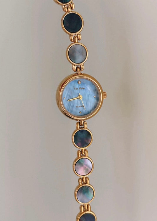 Pit a Pat Vintage Blue Mother of Pearl Watch – Gold Bracelet Women's Watch