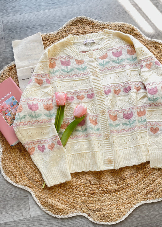 Knitted cardigan with floral Tulip and heart pattern