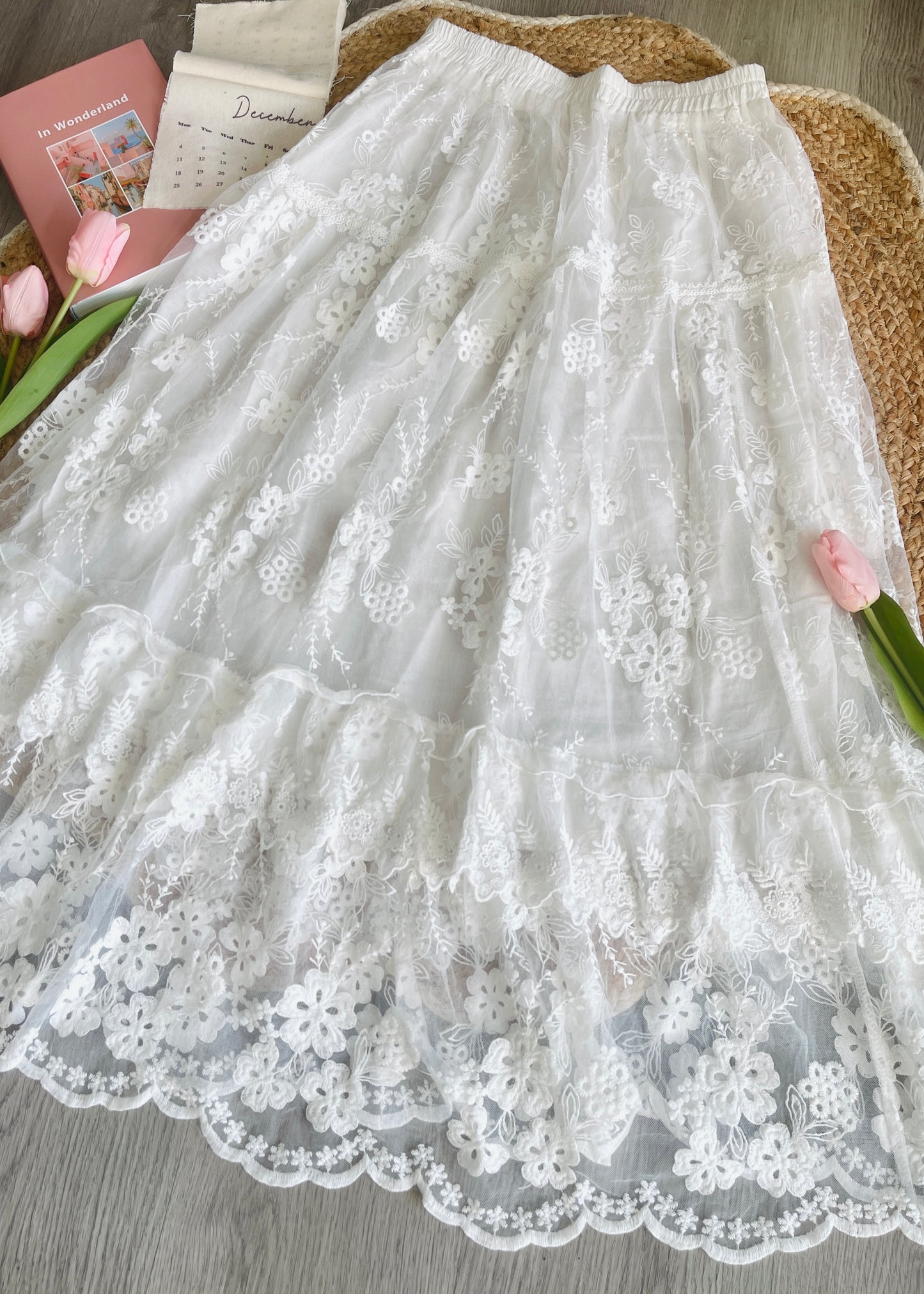 Fairycore White Lace Floral Embroidery Scallop Hem Maxi Skirt