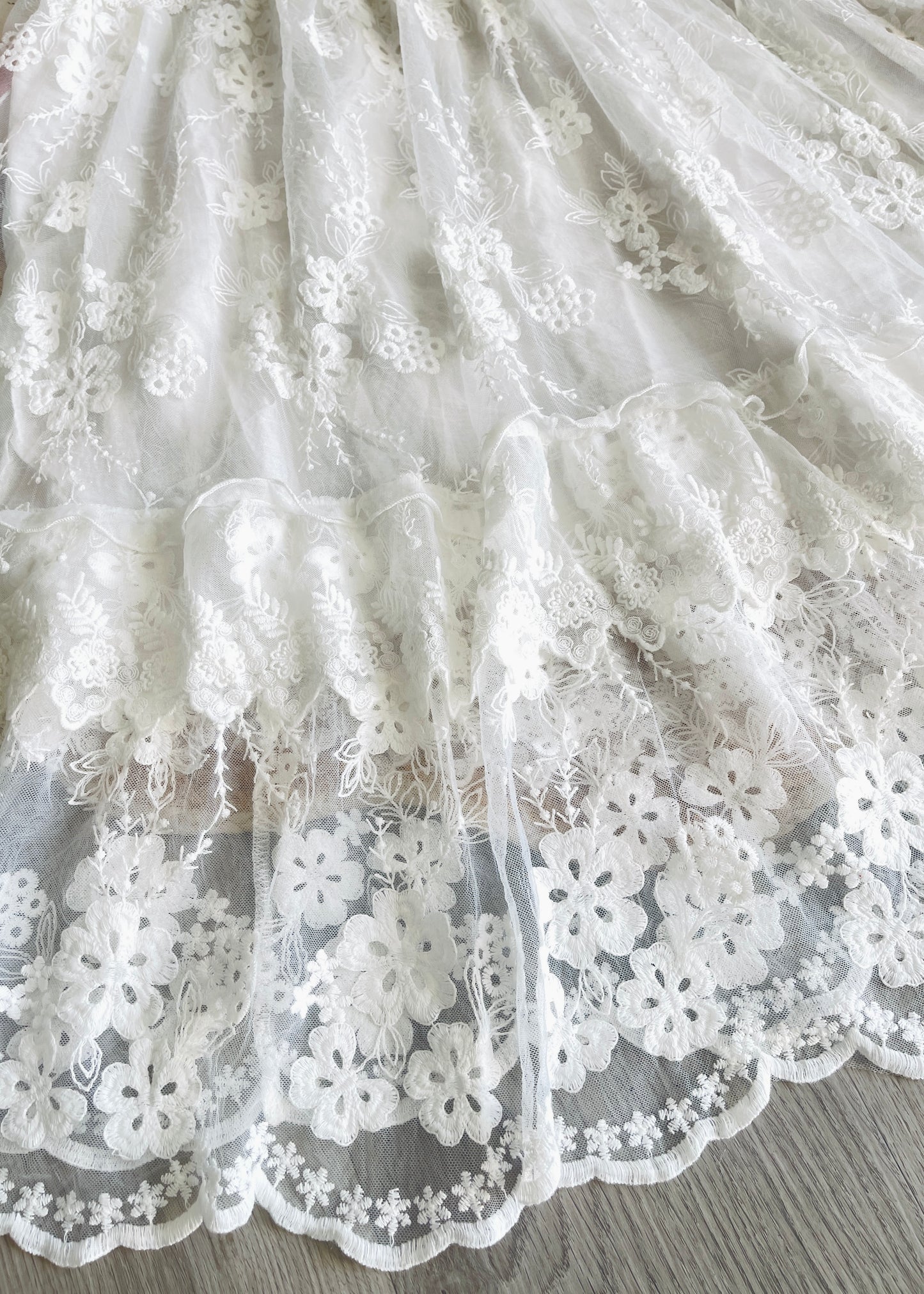Fairycore White Lace Floral Embroidery Scallop Hem Maxi Skirt