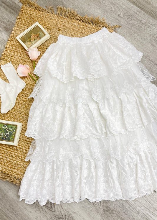 White Lace Tiered Maxi Skirt | Cottagecore Ruffle Layered Skirt