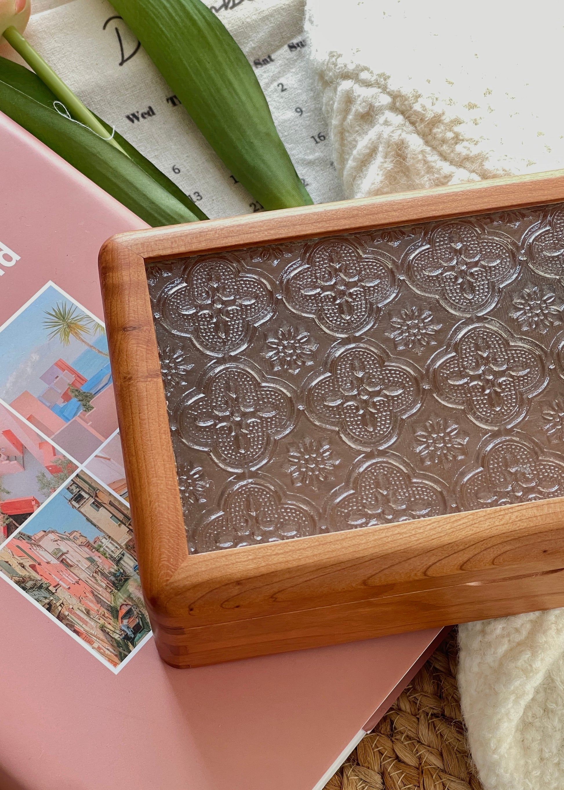 Wooden box with embossed design 