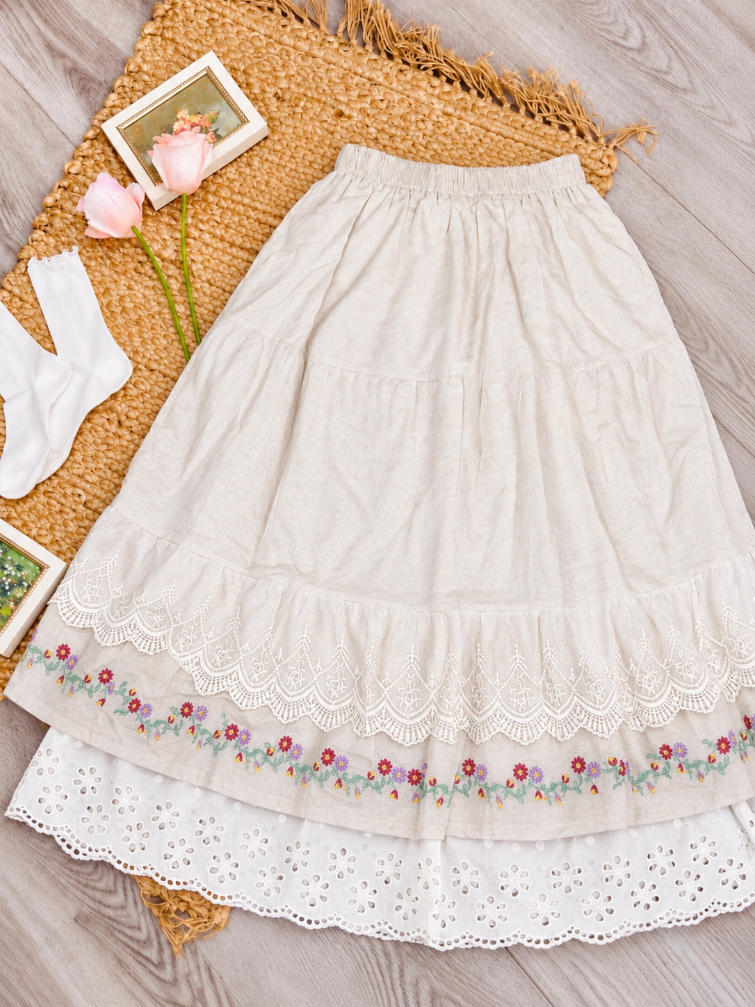 Pit a Pat Cream Floral Embroidered Maxi Skirt | Cottagecore Tiered Lace Skirt