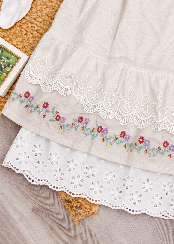 Pit a Pat Cream Floral Embroidered Maxi Skirt | Cottagecore Tiered Lace Skirt