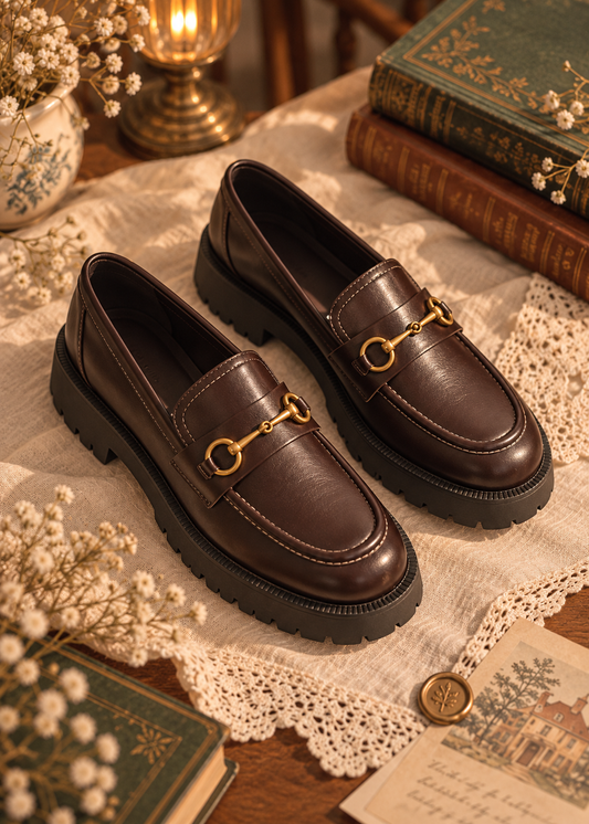 Pit a Pat Vintage Gold Horsebit Chunky Leather Loafers