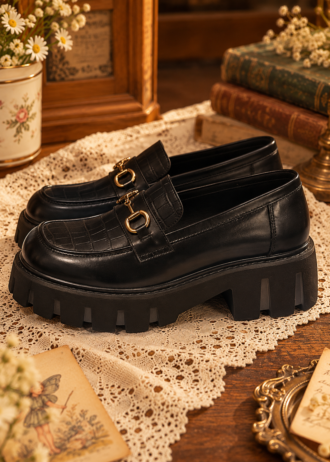 Pit a Pat Vintage Croc-Embossed Chunky Platform Loafers
