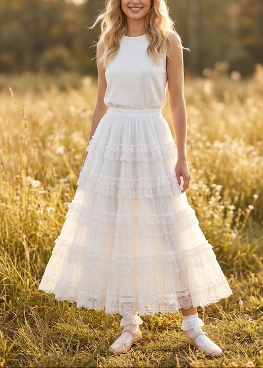 Pit a Pat White Tiered Lace Ruffle Maxi Skirt | Romantic Fairycore Tulle Skirt